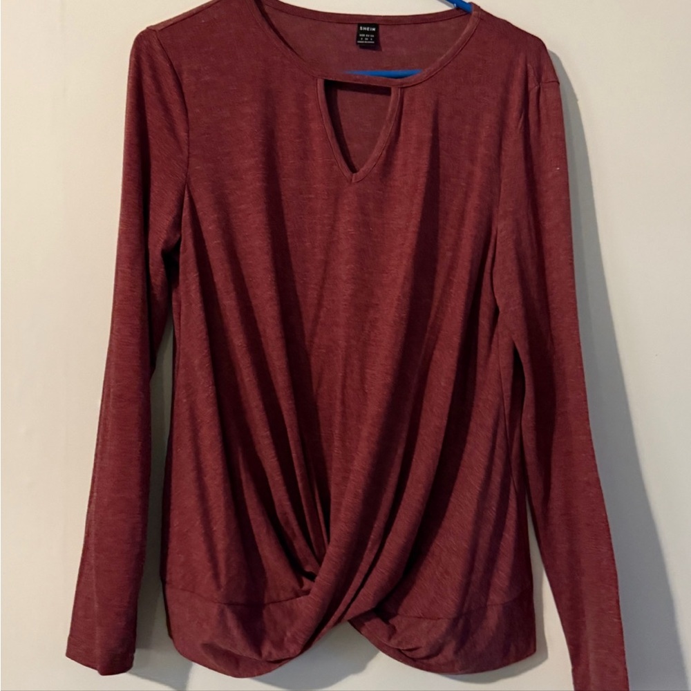 SHEIN Burgundy Twist Front Long Sleeve Top